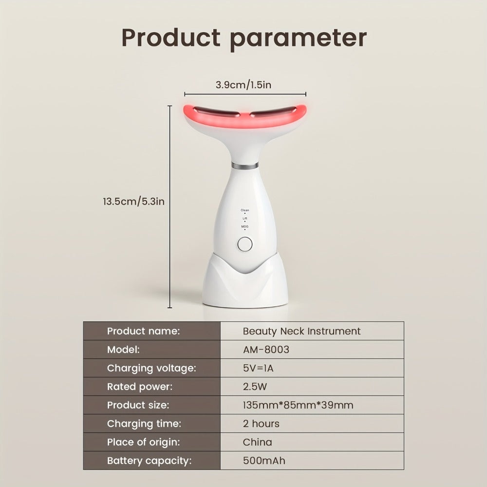 LED Neck Massager 7-Color Light Therapy Vibrating Face & Neck Device, USB Rechargeable Portable Electric Facial Massage Tool 
