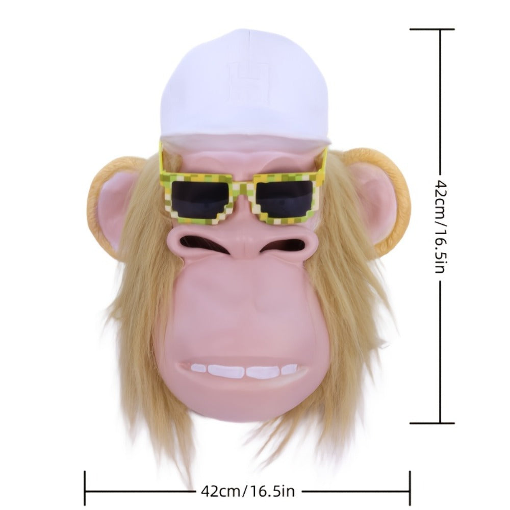 White-Haired Cartoon Ape Full-Head Costume Mask with White Cap and Pixel-Style Glasses in Two Face Styles — image 3