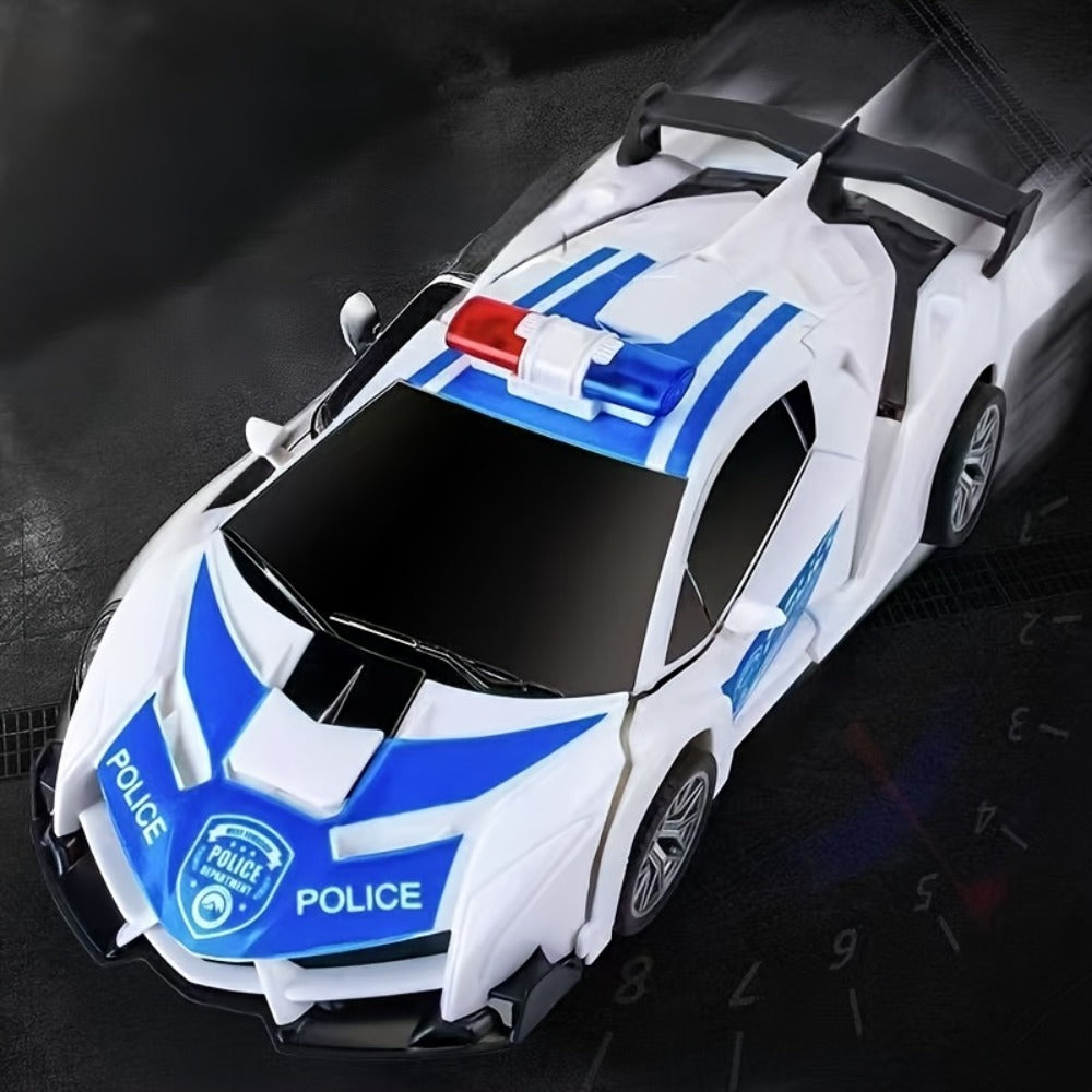 Remote Control Car, 1:18 Transforming Robot Model with Police or Spider Theme, One-Button Change, LEDs and 360° Drift — image