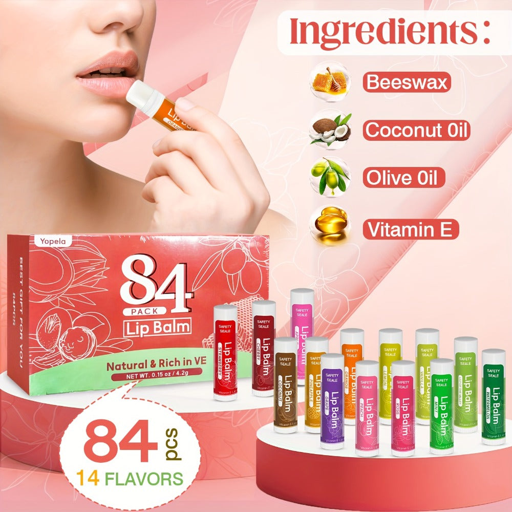Bulk Lip Balm Set 84 Pcs 14 Assorted Flavors Moisturizing Mini Lipstick Natural Luster Finish – Party Favors for Wedding Brid