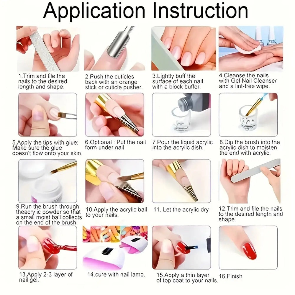 Acrylic Nail Kit 23-in-1 Complete Set with 12 Glitter Colors White & Pink Powder – DIY Nail Extension System No Glue No Liqui