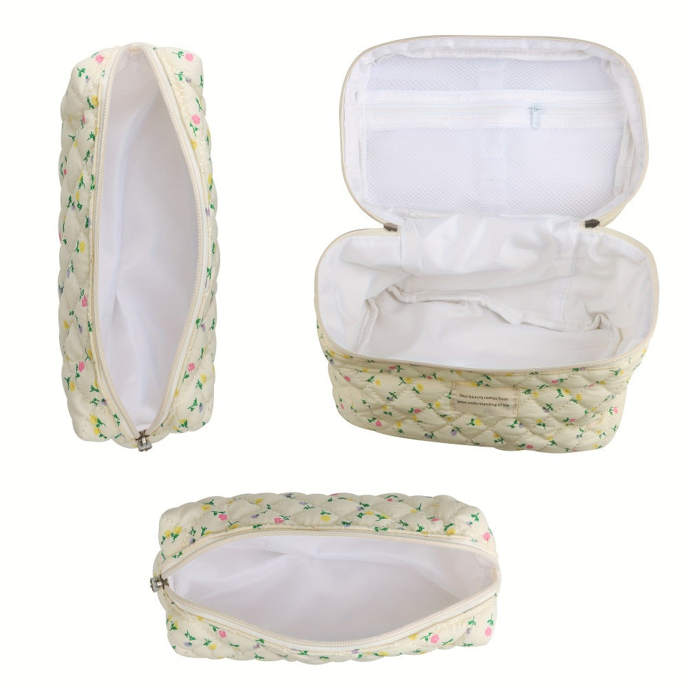 Makeup Bag Three-Piece Quilted Cotton Dual-Layer Floral Pouch Set for Travel, Vanity and Everyday Beauty Storage — image 11