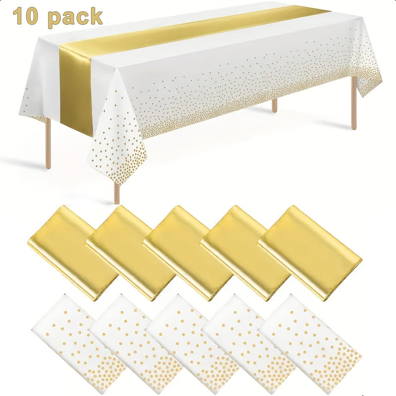Disposable Tablecloth & Table Runner Set 10 Pack White Gold – Plastic Party Table Covers for Wedding Birthday Graduation Anni