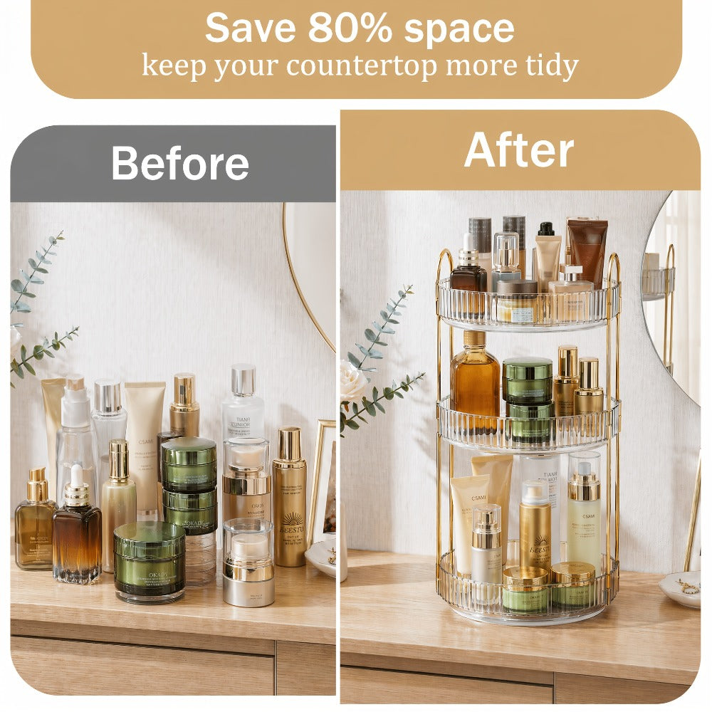 Three-Tier Rotating Makeup Organizer with 360-Degree Base in Green, Amber or Transparent Finish — image 9
