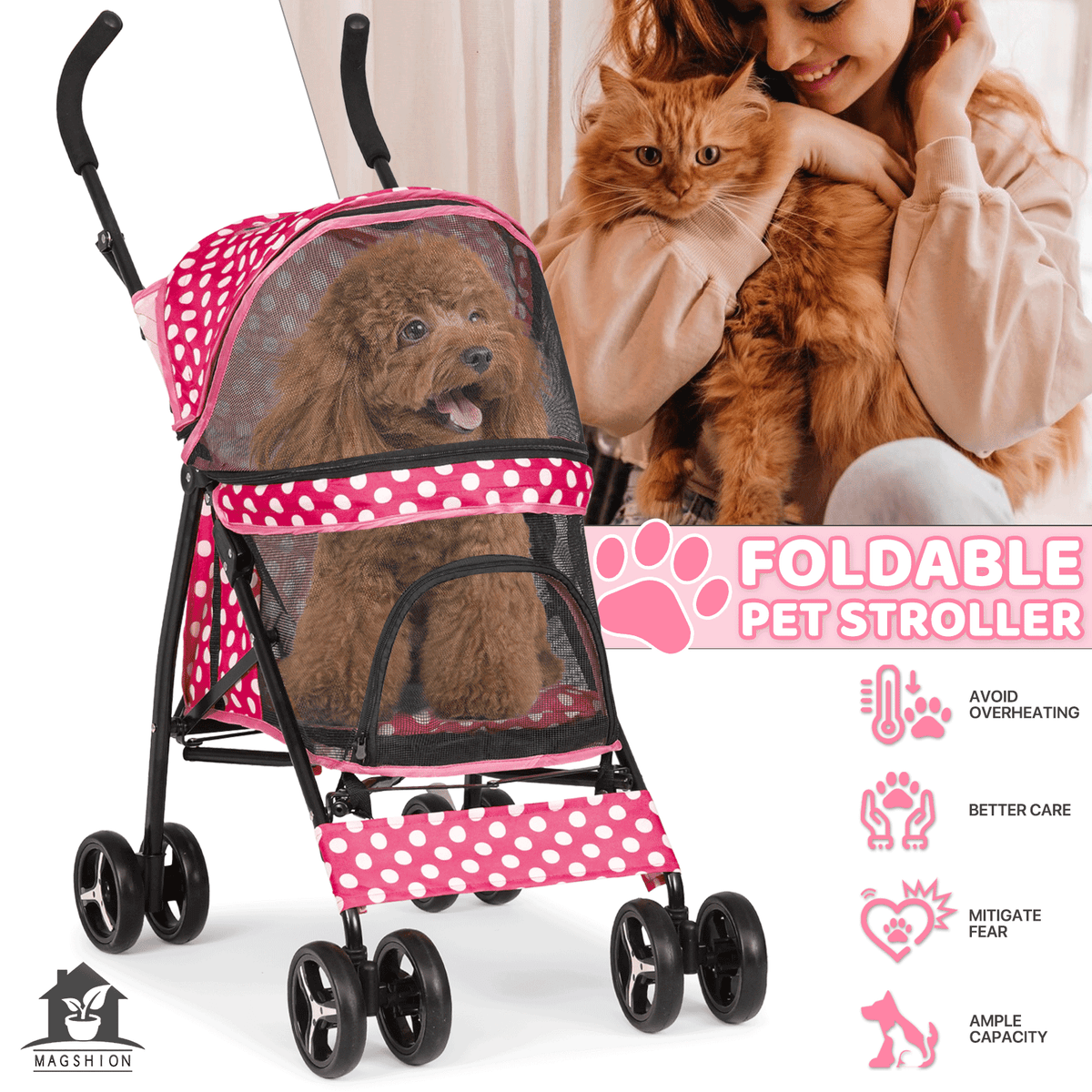 Four-Wheel Pet Stroller with Mesh Cabin, Folding Frame, Lower Basket and Ten Color or Print Options — image 16