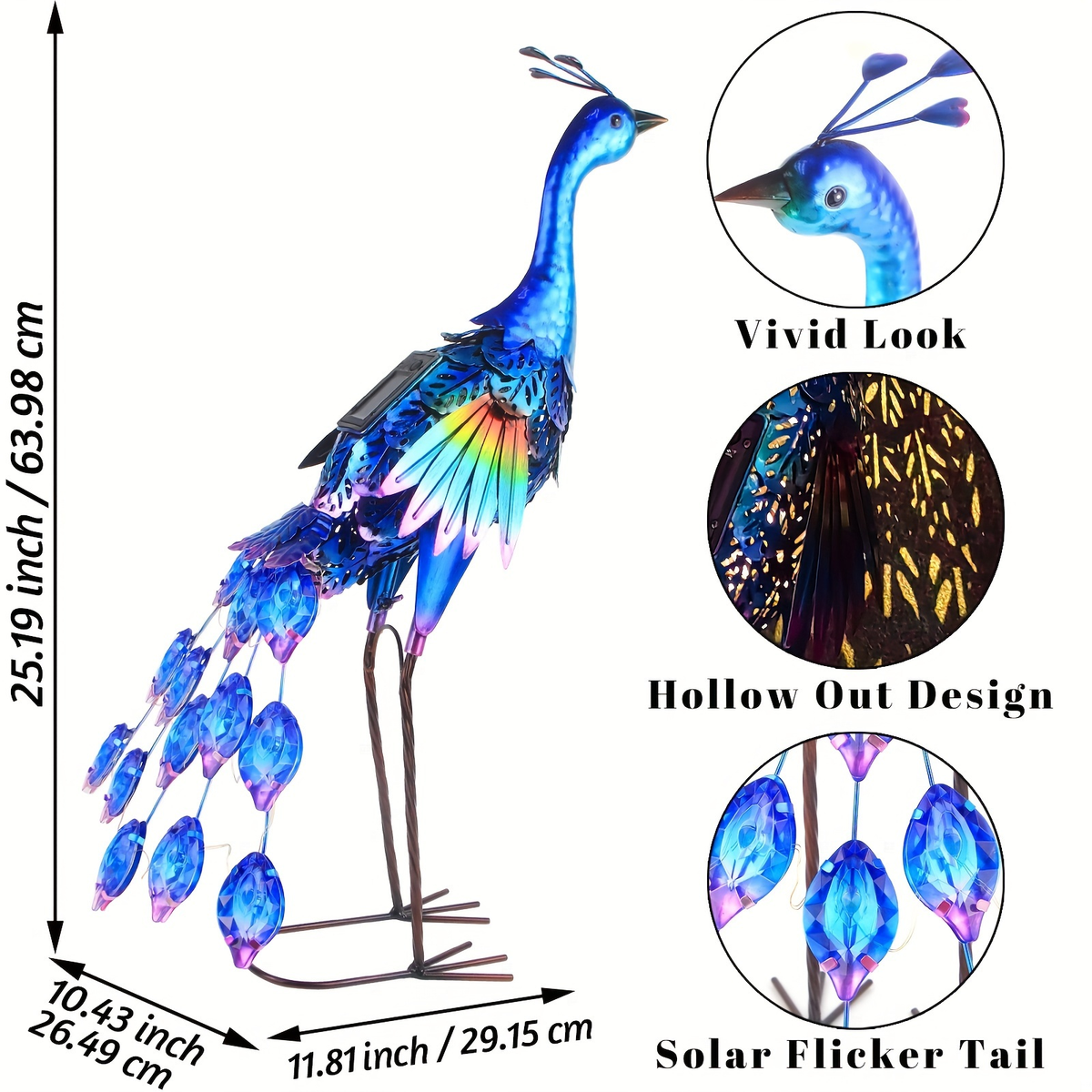 Solar Peacock Garden Statue – Metal Bird Sculpture with LED Lights, Outdoor Yard Art Decor for Patio, Lawn & Garden, Unique G