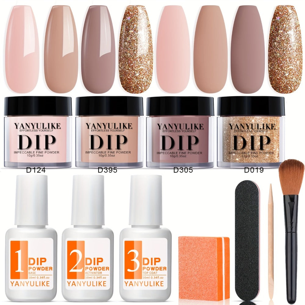 Dip Powder Nail Kit with YANYILIKE Label, Four Nude Gold Glitter Powders, Three 10ml Liquids and Four Tools — image 3
