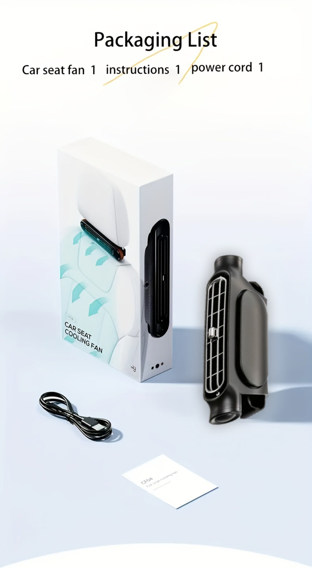 Bladeless Car USB Fan – 3-Speed Silent Cooling, Fits All Vehicles, Car Seat Fan with USB Charging Cable, Black & White — imag