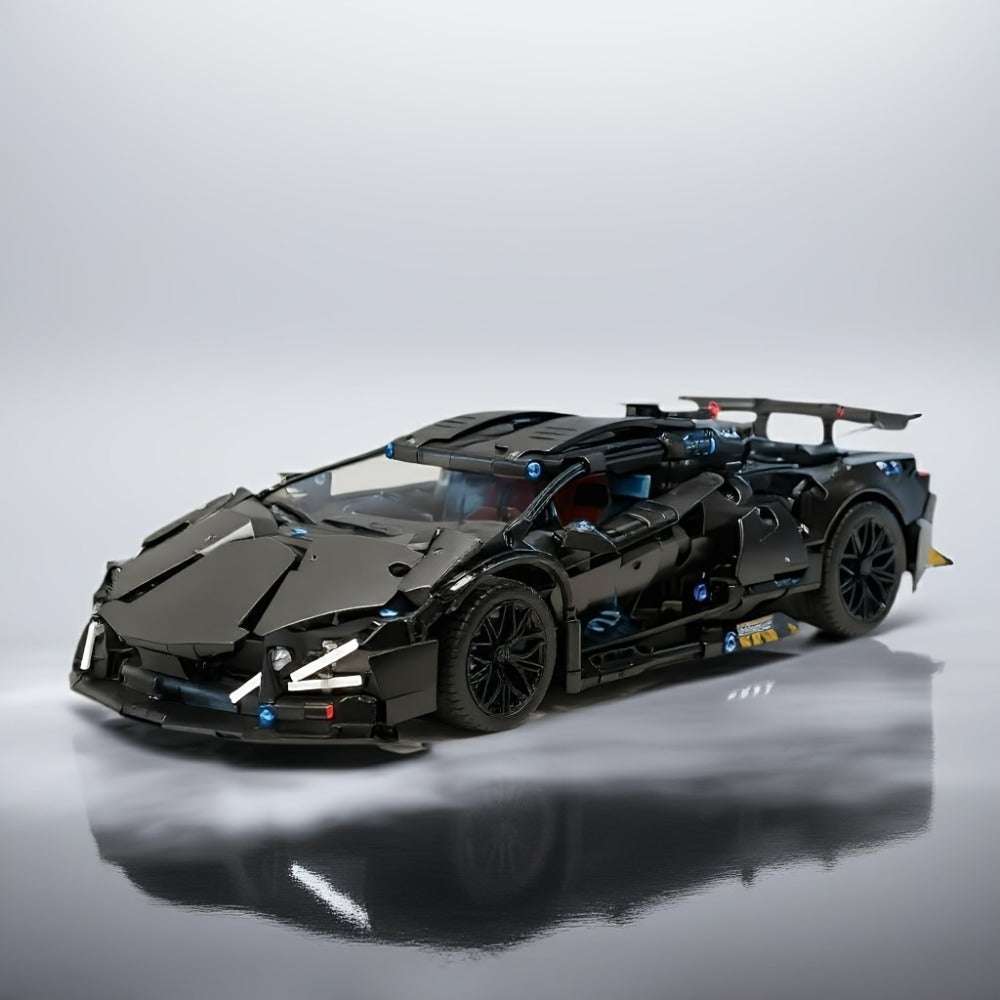Black Supercar Building Blocks Set 1288 Pcs Limited Edition – Openable Hood Trunk Functional LED Headlights Realistic Engine 