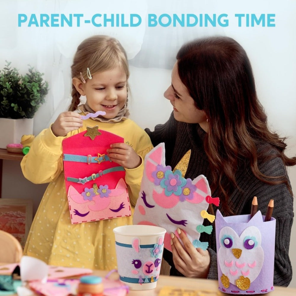 Kids Sewing Kit for Beginners 7 Felt Craft Projects, Pre-Punched Holes Safe Needles Mini Pillow Keychain Card Holder Cup Slee