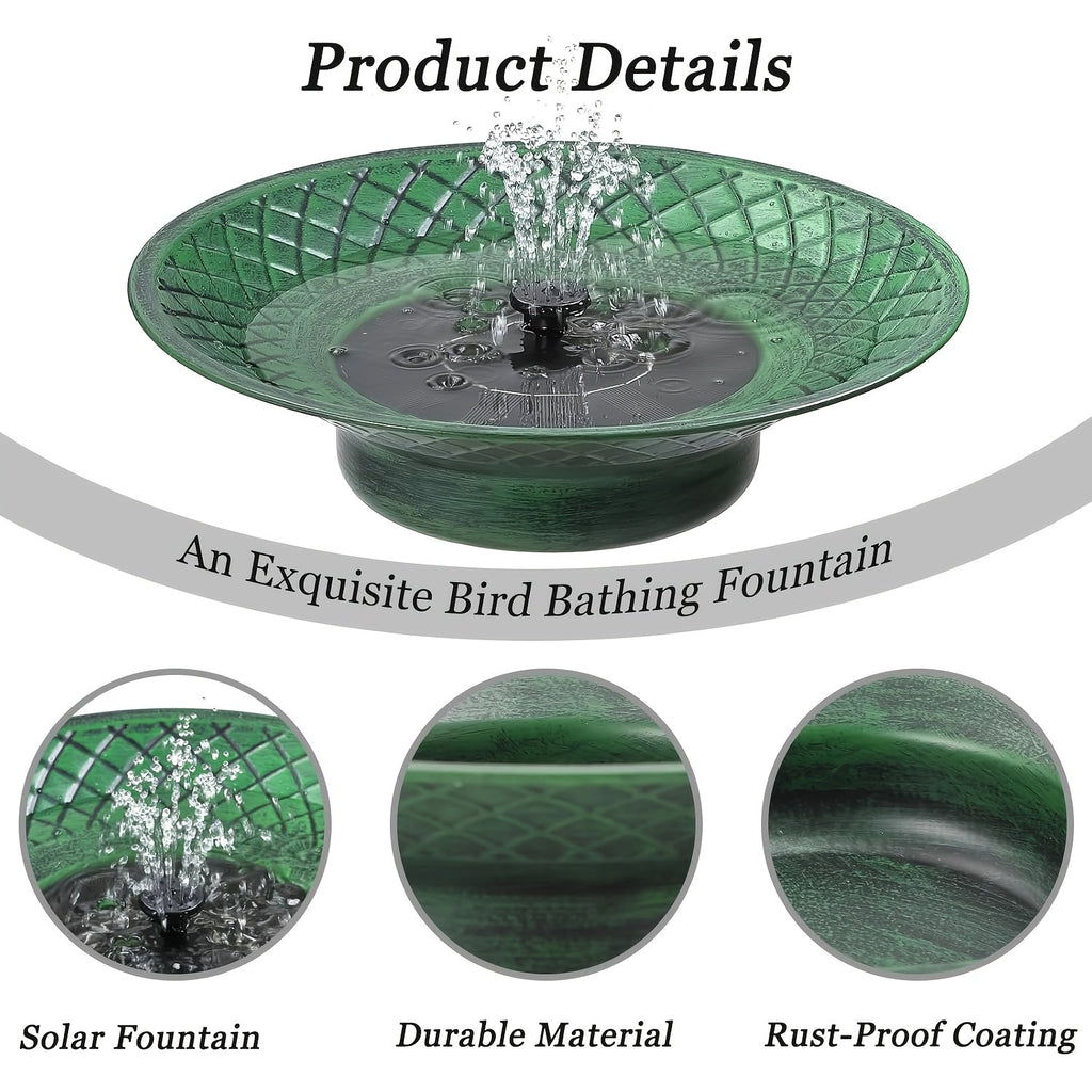 Bird Bath Solar Fountain 12.6" Green Metal Bowl Garden for Garden, Patio and Yard Use, with the Listed Configuration — image 
