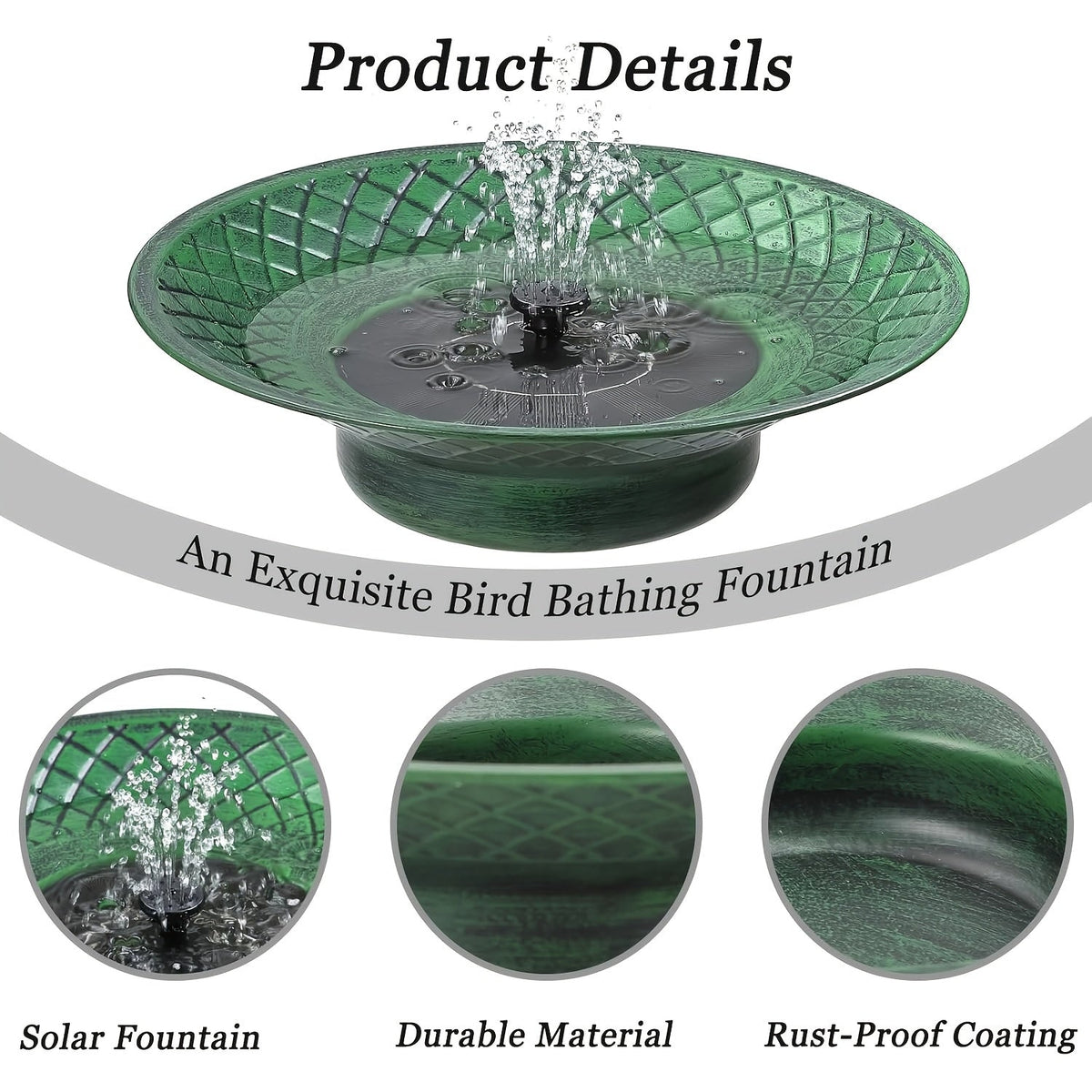 Bird Bath Solar Fountain 12.6" Green Metal Bowl Garden for Garden, Patio and Yard Use, with the Listed Configuration — image 