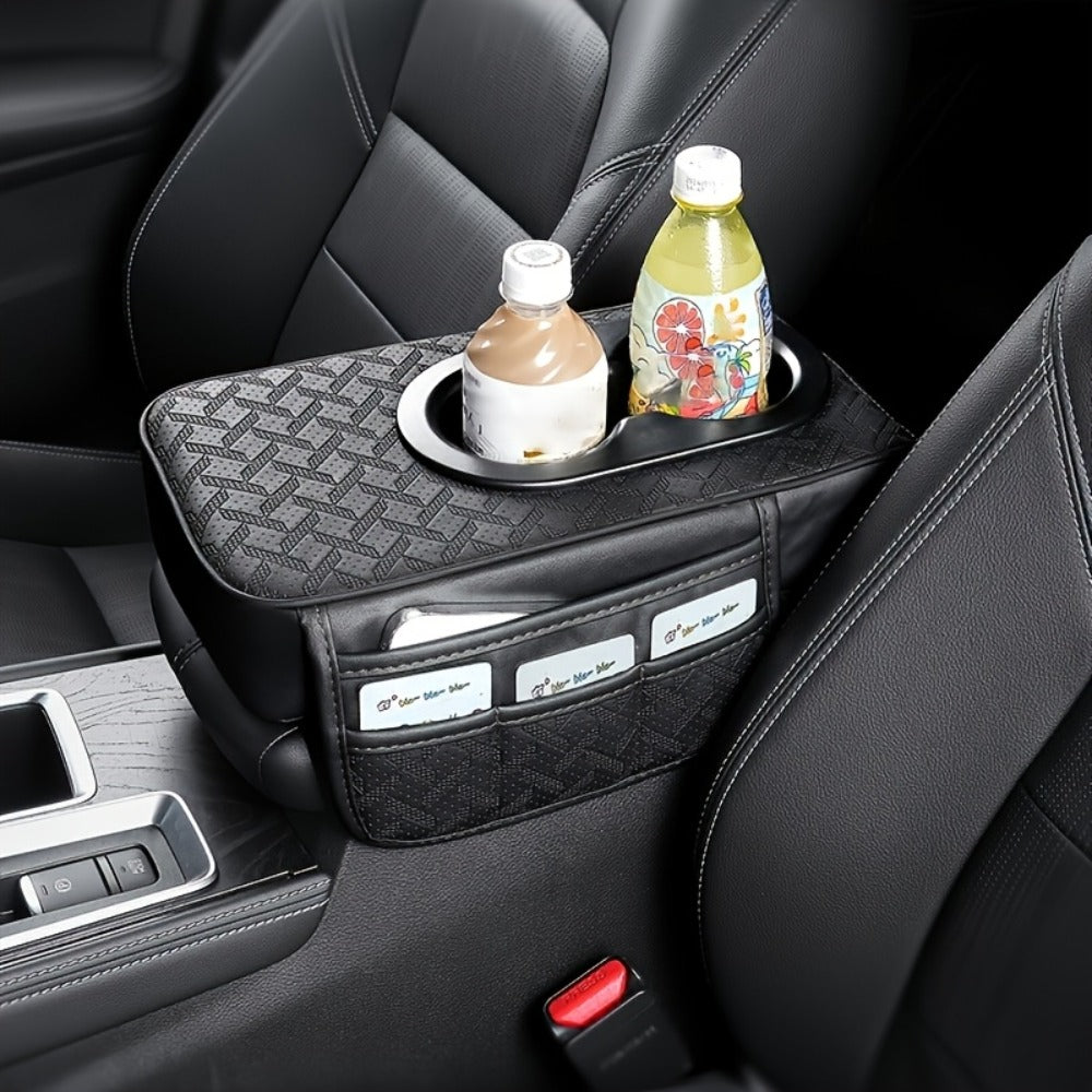 Car Center Console Cover PU Leather – Universal Armrest Box Mat with 2 Cup Holders & 2 Side Pockets, Phone & Card Storage — i