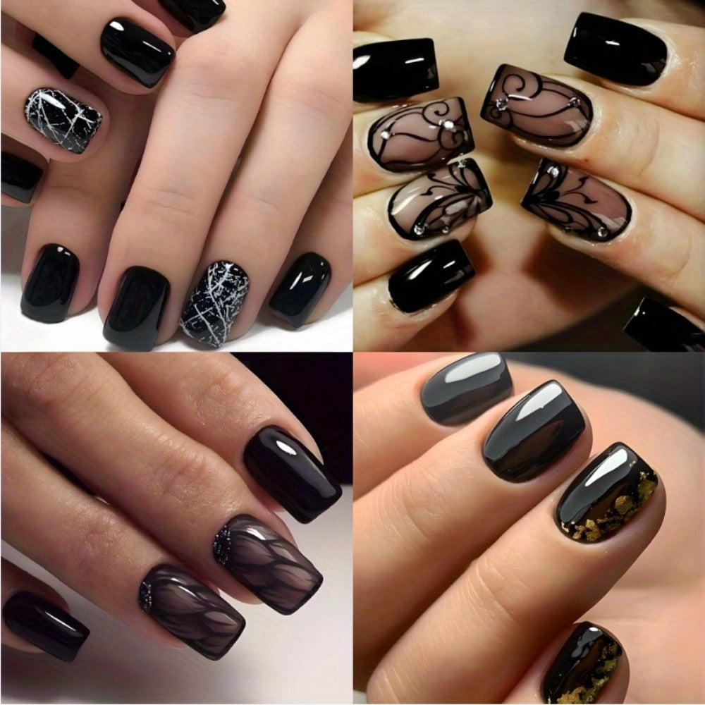 Press On Nails 96-Piece Short Square Black Ice-Crack Pattern Glossy Full-Cover Set with Nail Glue — image 3