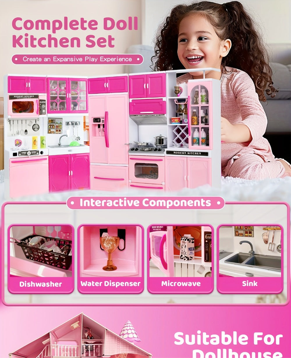 Pink Kitchen Toy Set 64pcs with Lights & Sounds, Mini Furniture Doll Playset for Girls, Pretend Play Kitchen Accessories — im