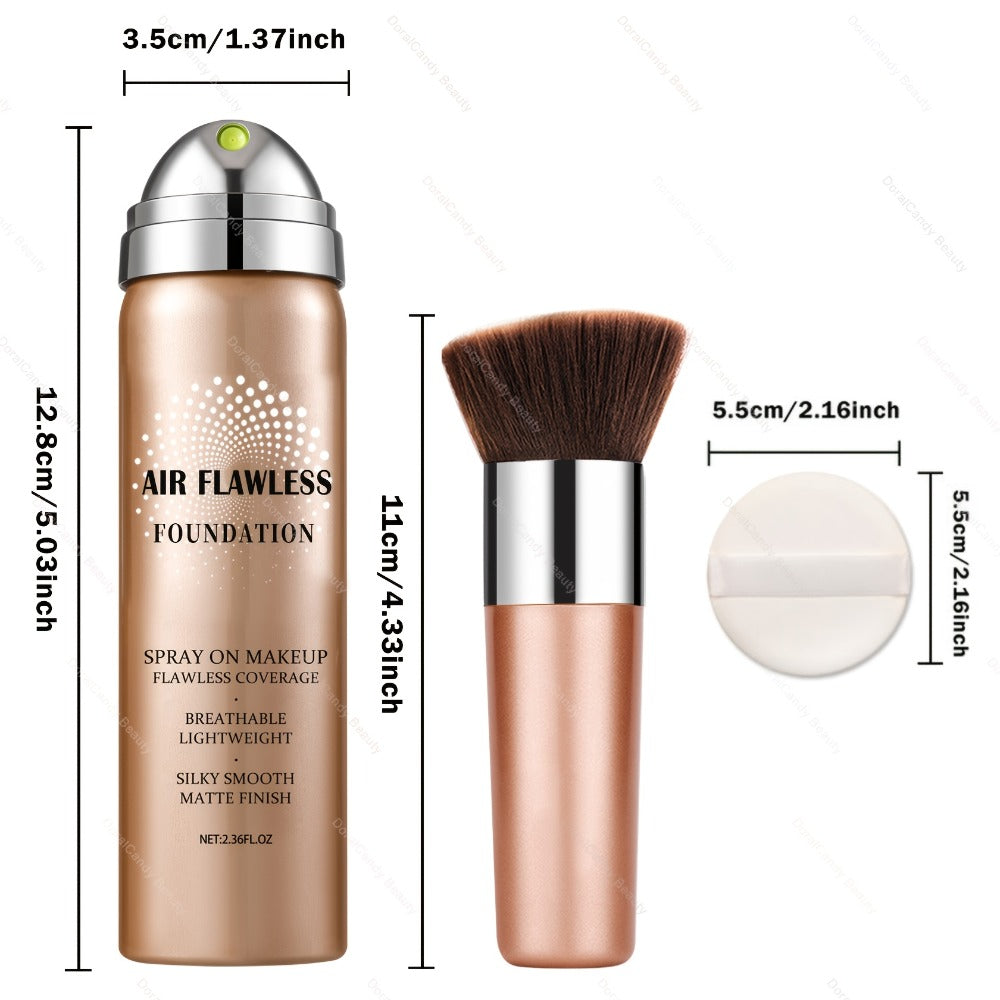 Full Coverage Liquid Foundation Airspray Kit Buildable Formula 6 Shades – Natural Beige Nude Porcelain Tan Medium Natural Sat