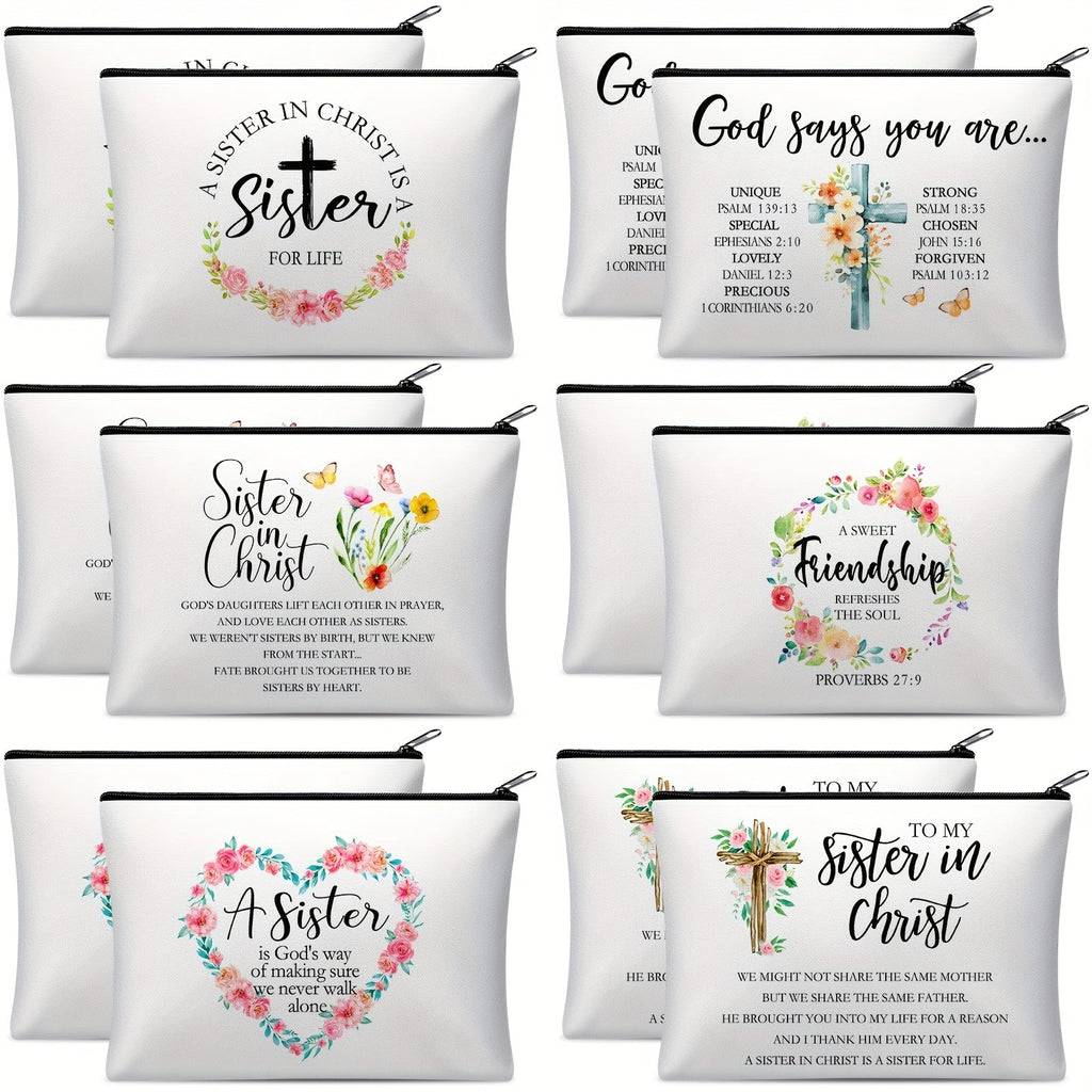 Twelve-Piece Faith-Themed Makeup Bag Set with Six Printed Designs, Mixed Colors and Black Zippers — image 7