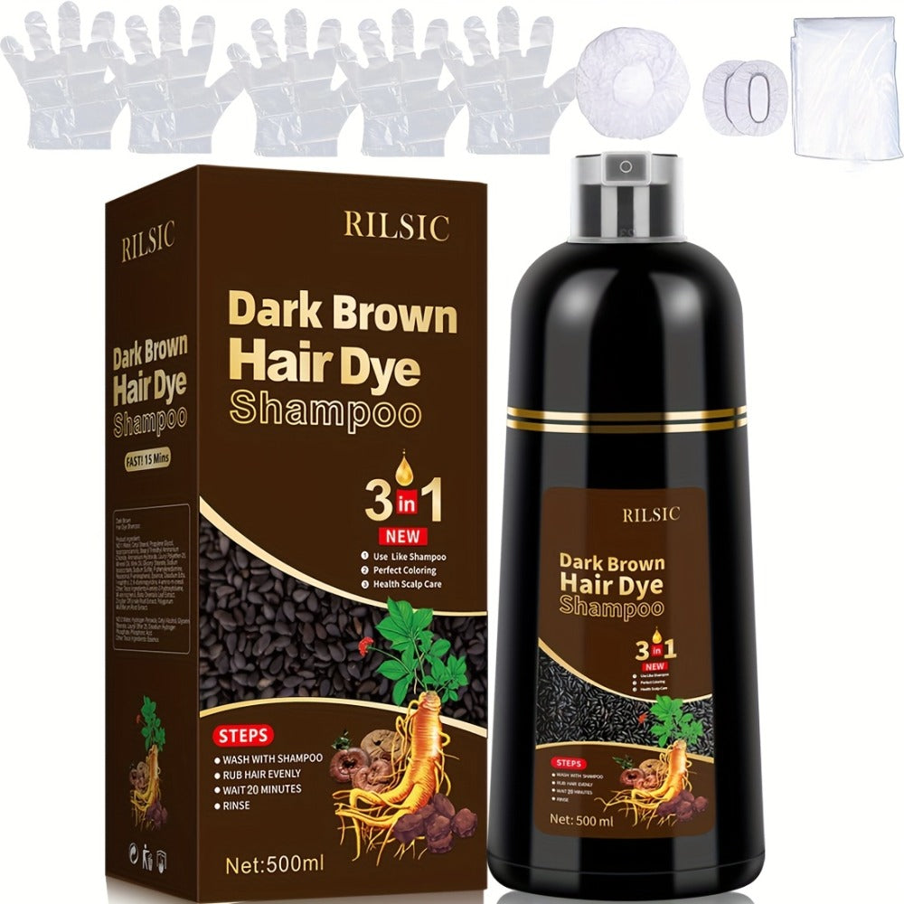 Grey Hair Dye Shampoo 3-in-1 Natural Plant-Based Herbal Formula – Non-Stick Scalp, Covers White Hair in Minutes, 500ml – Blac