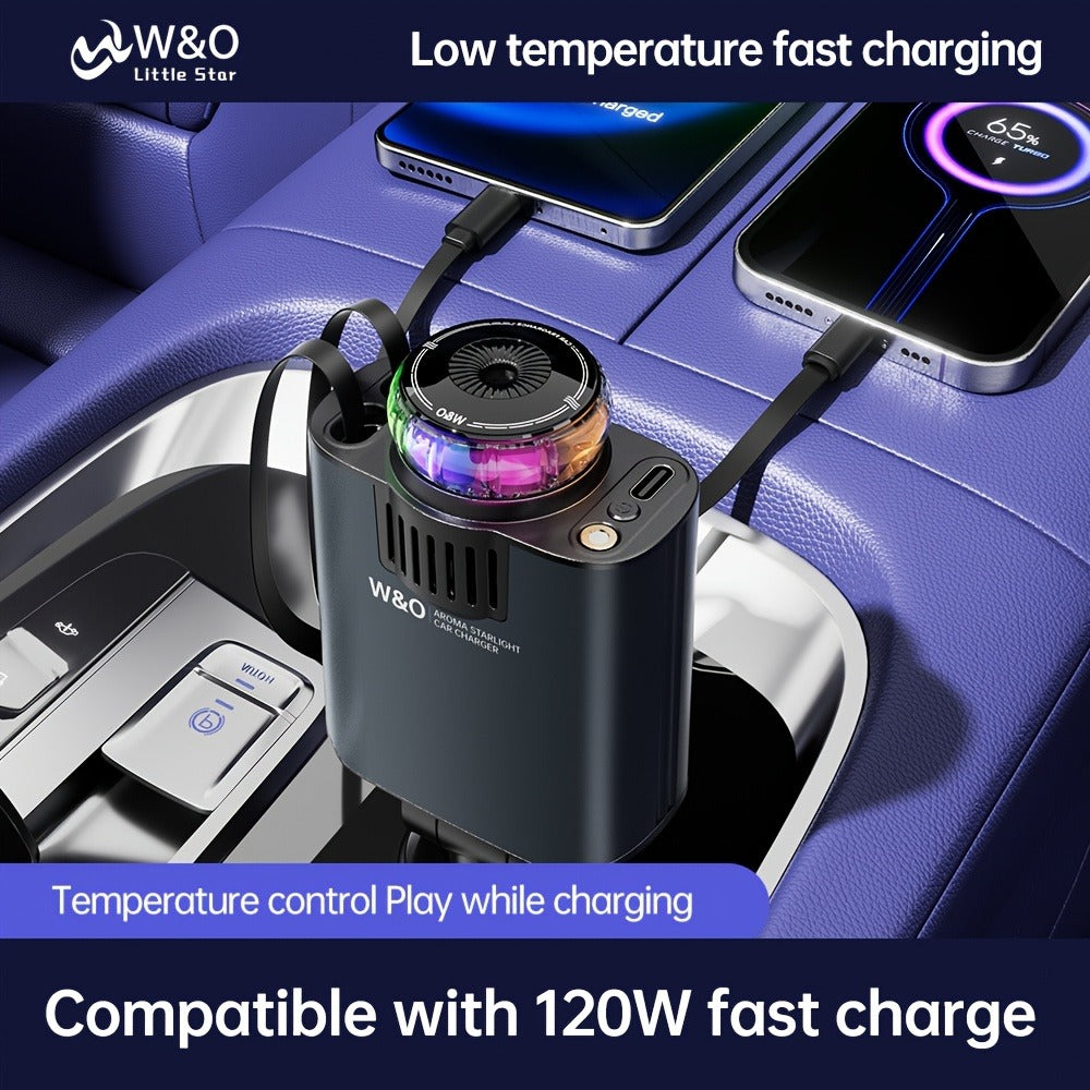 3-in-1 Car Charger, Air Freshener & Starry Sky Ceiling Light – Retractable Type-C & Lightning Cable, Aromatherapy Perfume — i
