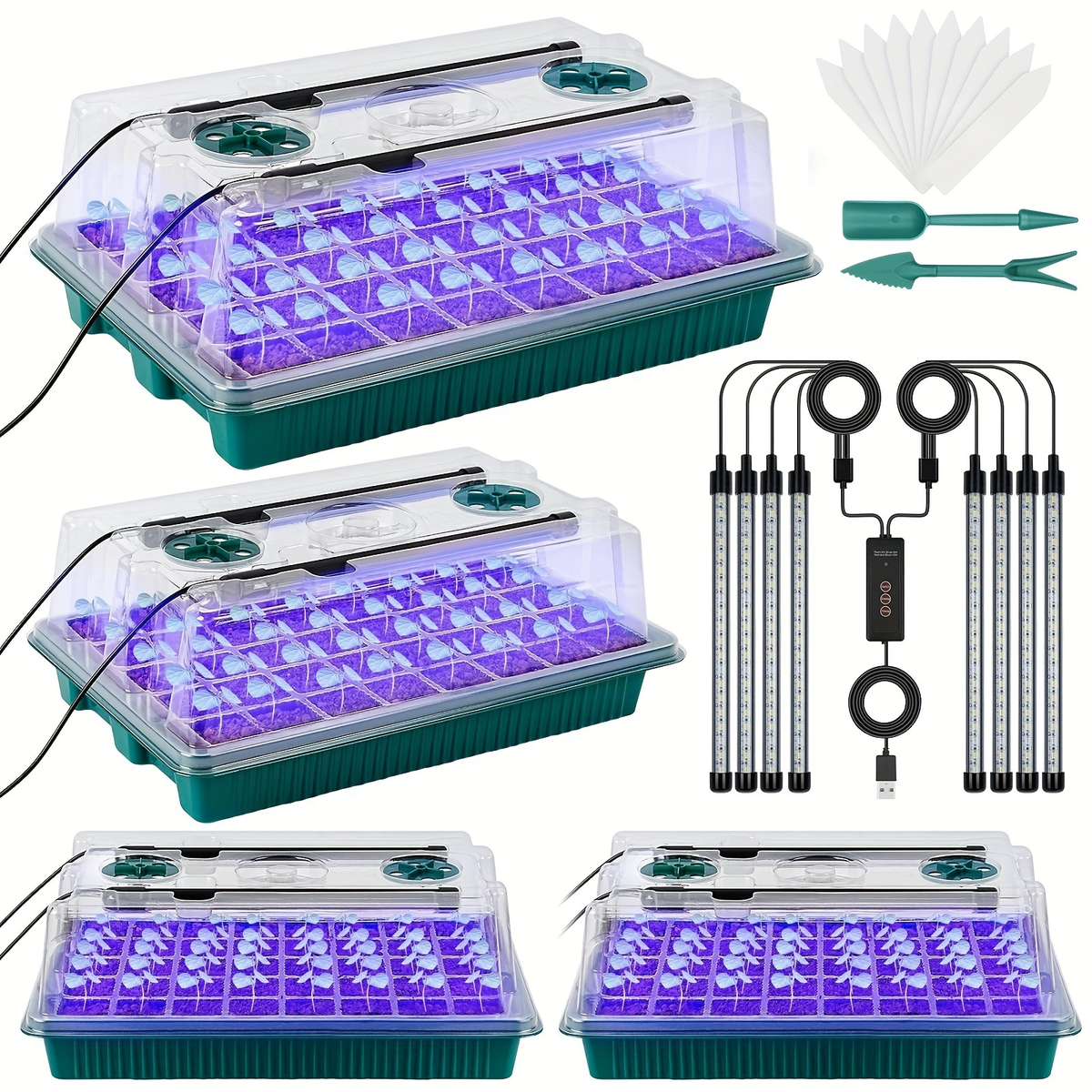 Seed Starting Tray Kit 4-Set 160 Cells High Dome | 8 LED Grow Lights Smart Timer 3 Modes 5 Brightness | Indoor Greenhouse Ger