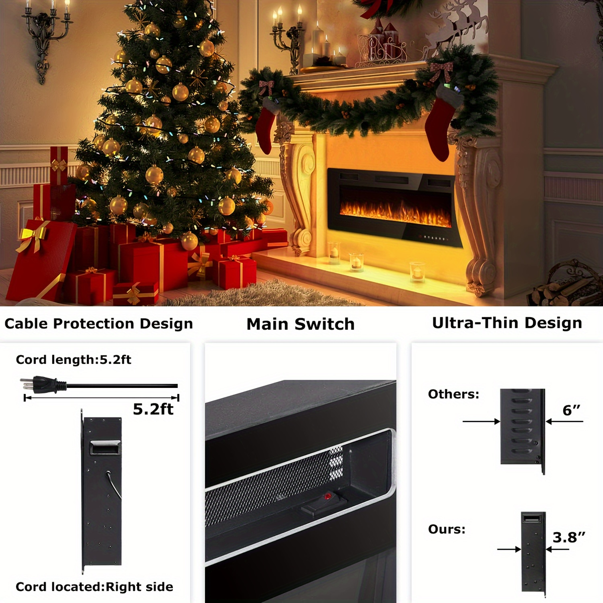 Wall Mounted Electric Fireplace Recessed In-Wall Linear Heater Multicolor Flame 750W/1500W Touch Screen for Garden, Patio and