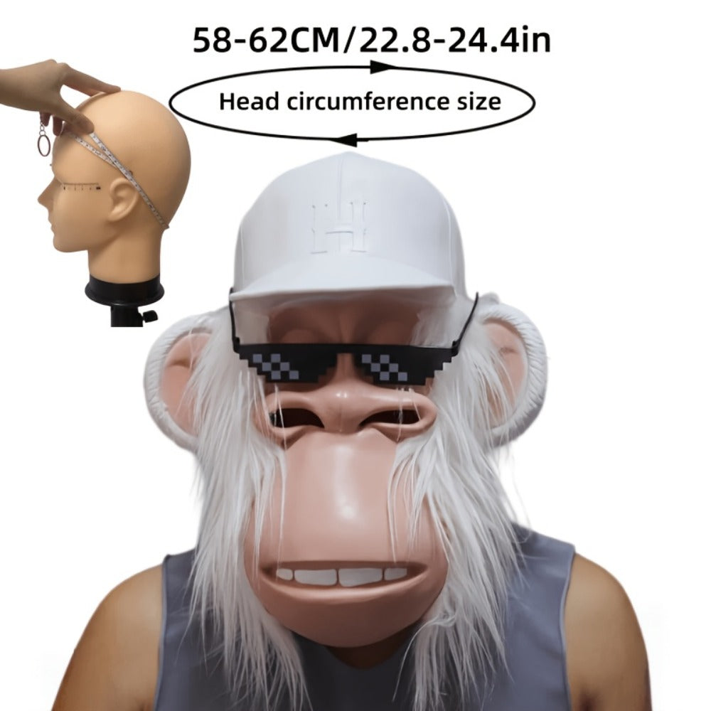 White-Haired Cartoon Ape Full-Head Costume Mask with White Cap and Pixel-Style Glasses in Two Face Styles — image 5