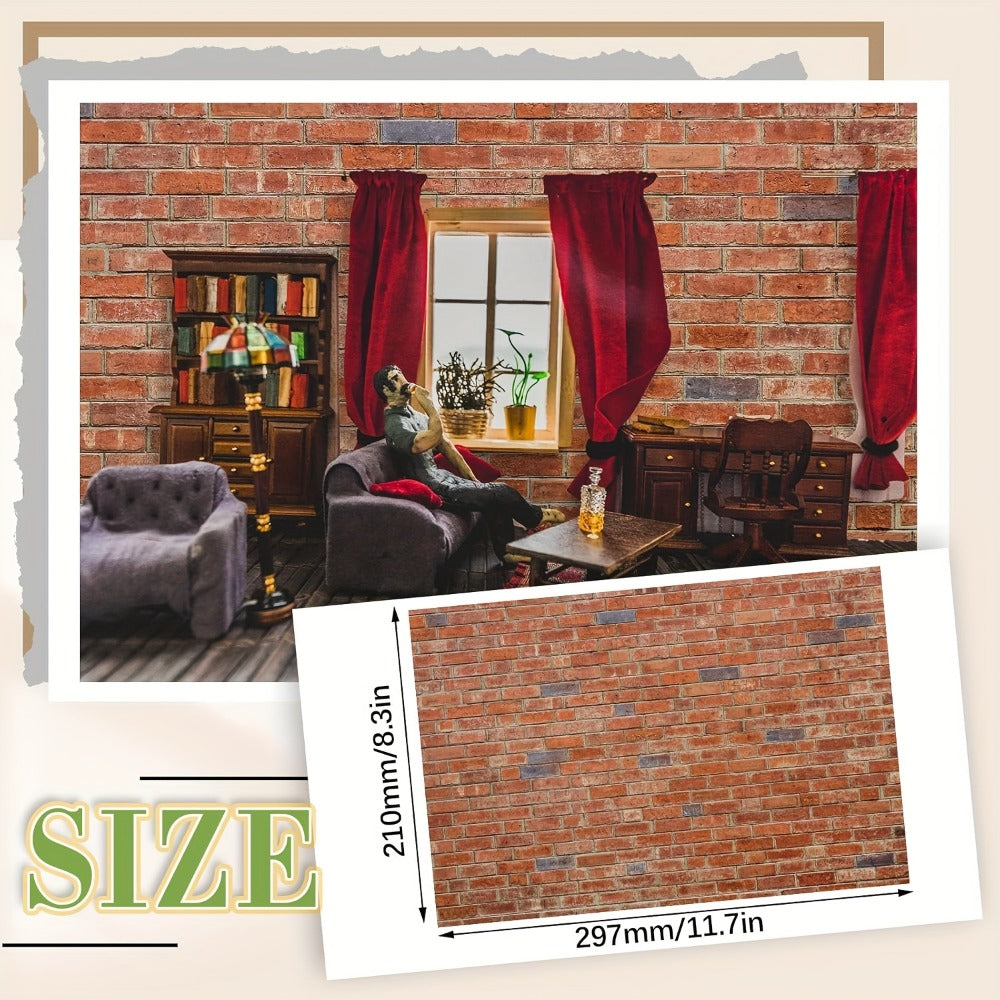 Dollhouse Wallpaper Flooring Peel Stick 12 Sheets Red Clinker Brick Miniature Self-Adhesive Paper for 1:12 Scale Dollhouse DI