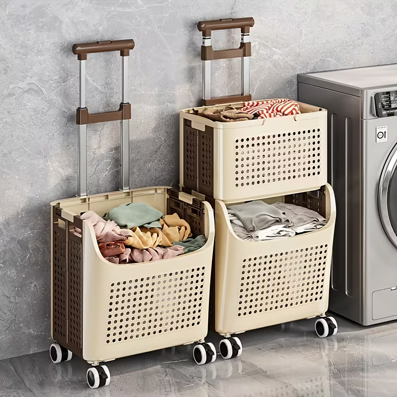 Collapsible Double-Layer Plastic Laundry Basket with Wheels
