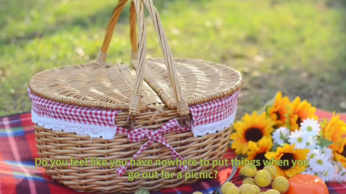 Covered Wicker Picnic Hamper with Twin Lid Panels in Red Plaid or Daisy Pattern Textile Styles — image 10
