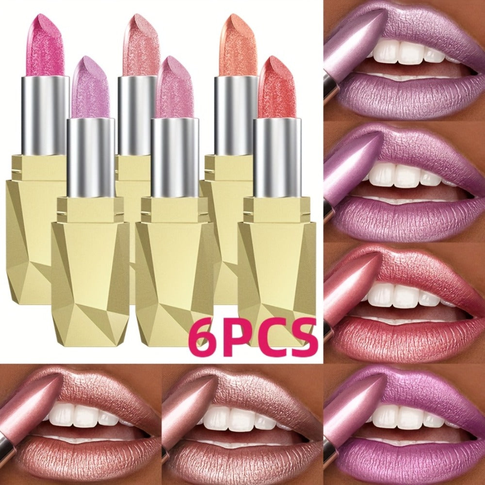 Shimmer Lipstick Set 6 Piece Waterproof Long Lasting Glossy Lip Color Coral Pink Red Purple Shades Makeup Kit for Women Trave