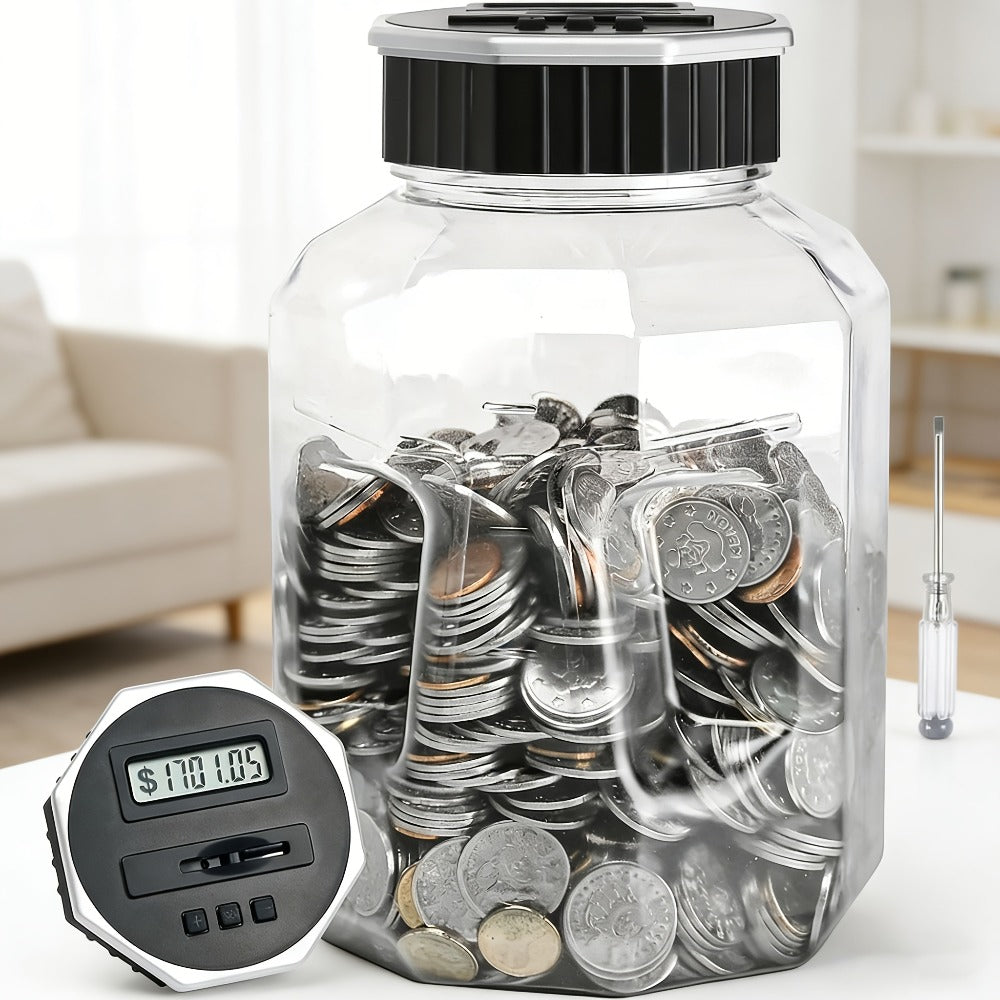 Digital Coin Counting Piggy Bank for Adults, Extra Large 2.4L LCD Counter Jar, Transparent Acrylic Money Saving Bank with Dis