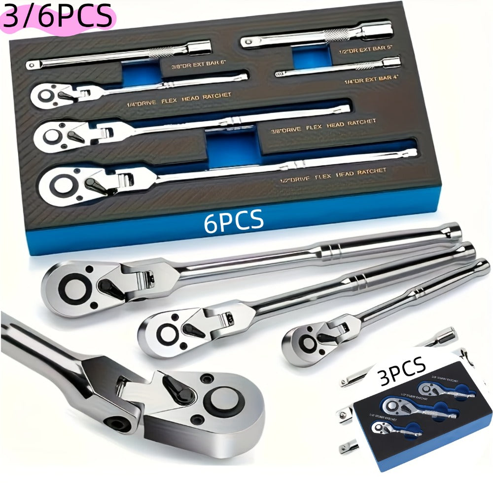 Three- or Six-Piece Flex-Head Ratchet Handle Set with 1/4, 3/8 and 1/2-Inch Drives and Extensions — image 1
