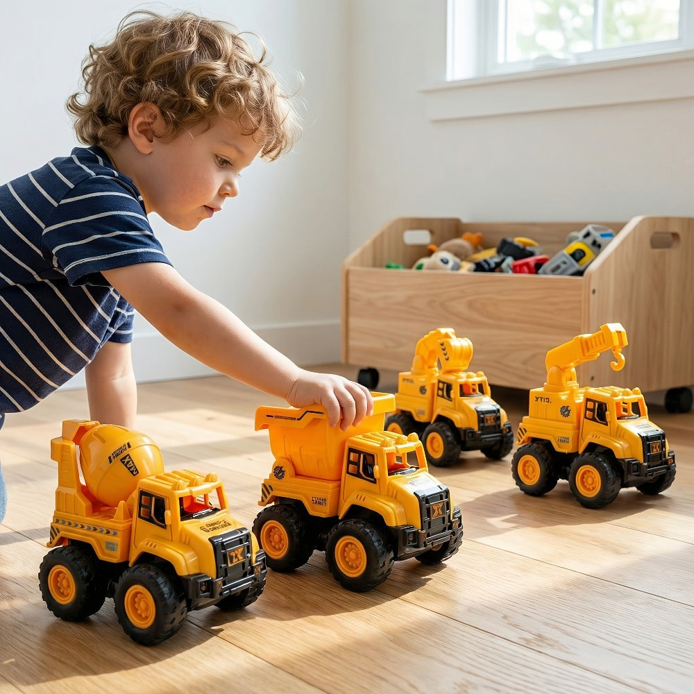 4-Piece Construction Truck Set for Kids, Excavator Dump Truck Crane Cement Mixer Sandbox STEM Engineering Vehicle Playset — i
