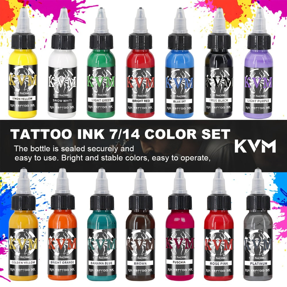 Tattoo Ink 7- or 14-Color Set with 1oz 30ml Bottles and Three Palette Configurations with Item-Specific Color, Capacity and B