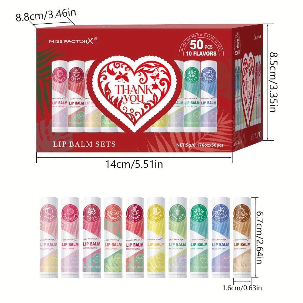 Fruit Flavored Lip Gloss Set 50 Pieces – Moisturizing Lip Balm Kit in 10 Colors, Hydrating Lip Care for Dry & Cracked Lips, D