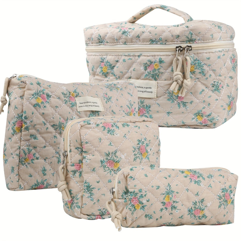 Makeup Bag Four-Piece Quilted Cotton Floral Pouch Set in Five Styles for Travel, Vanity and Everyday Beauty Storage — image 8