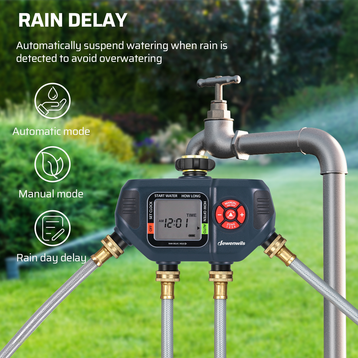 Four-Zone Digital Sprinkler Timer with Independent Water Outlets, LCD Screen, Manual Control and Rain-Delay Mode — image 8