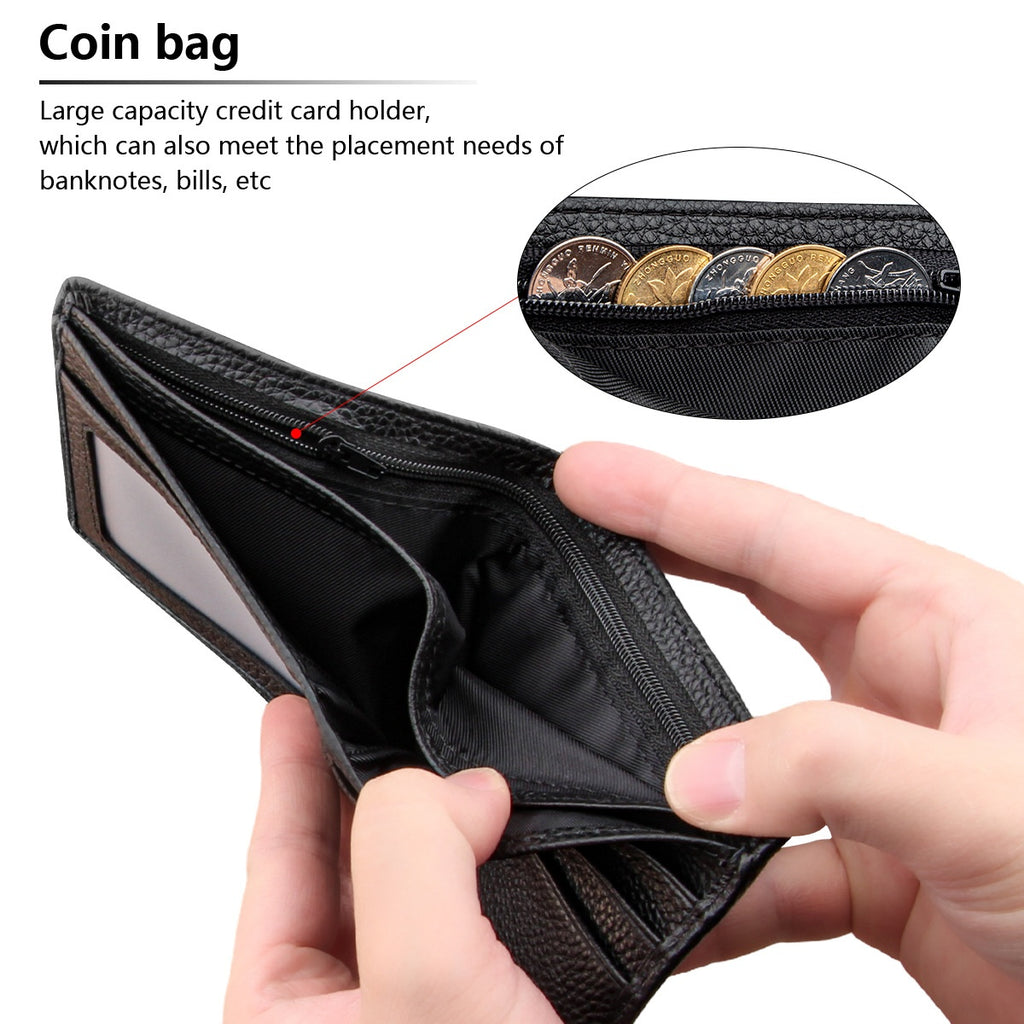 Black Men's Genuine Leather Wallet Cowhide Short Bifold