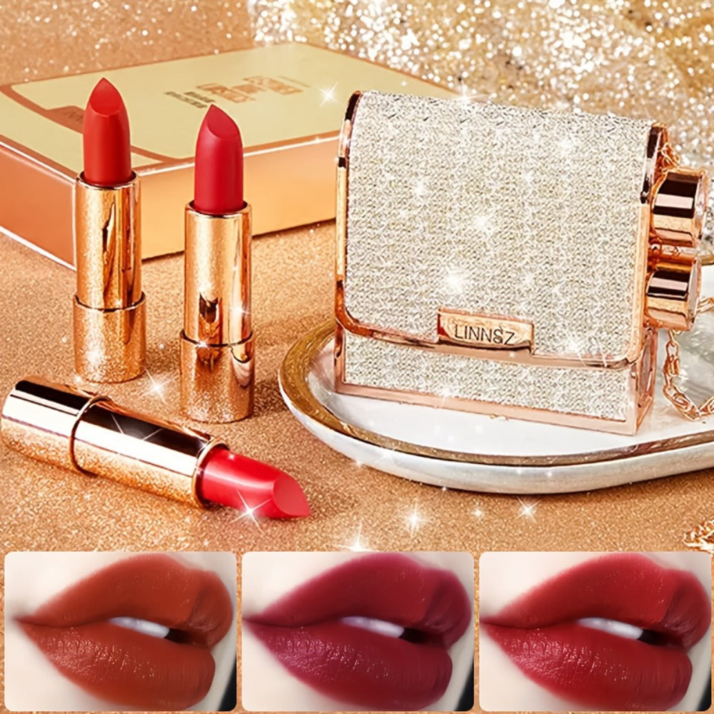 Matte Lipstick Gift Set 3 Pack Velvet Waterproof Long-Lasting Anti-Fading Intense Pigment Full Coverage Lip Color with Elegan