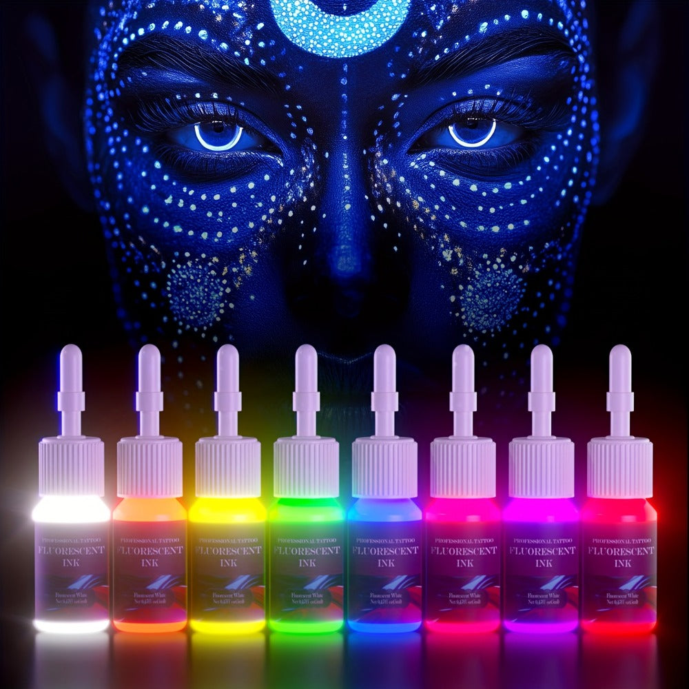 Tattoo Ink DMTATTOO UV Blacklight Set with Eight 5ml Bottles in White, Red, Orange, Green, Yellow, Purple, Blue and Pink — im