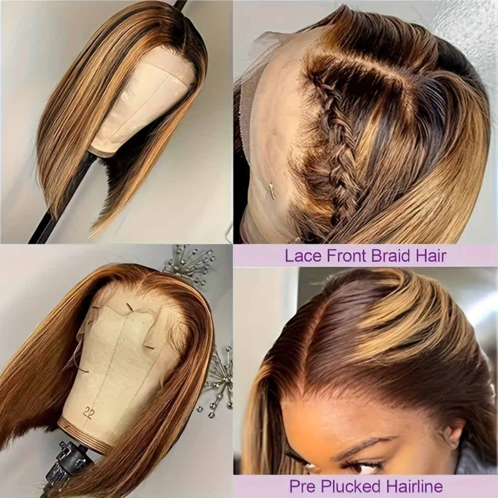 Lace Front Wig P4/27 Honey-Highlight Straight Bob, 8-14 Inch Human Hair with 5x1 Front and 180% Density — image 4
