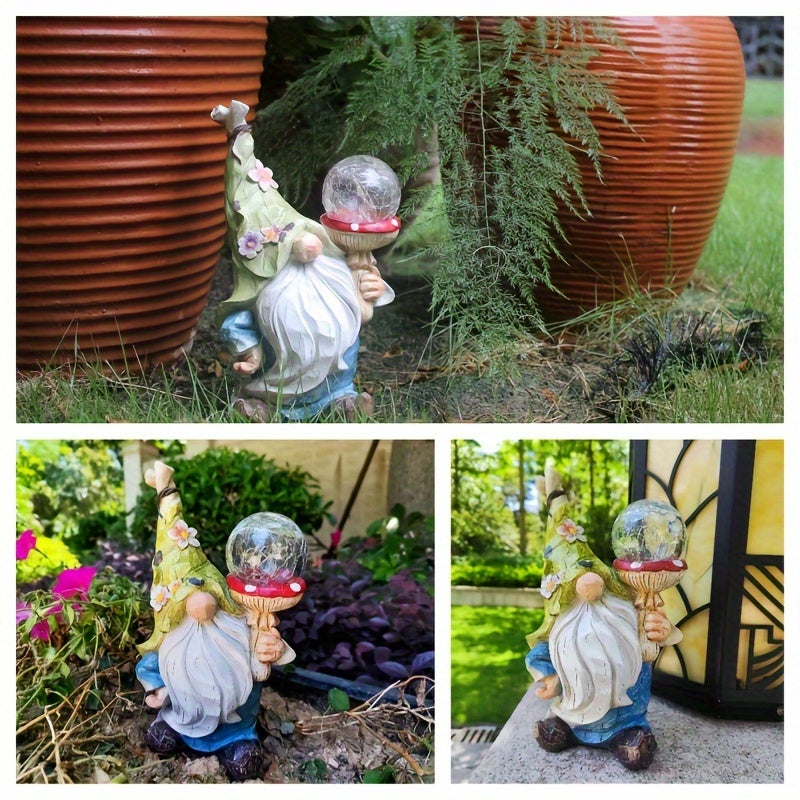 Solar Garden Gnome Statue with LED Magical Ball Light Outdoor Resin Dwarf Sculpture IP44 Waterproof Spring Yard Patio Decor H