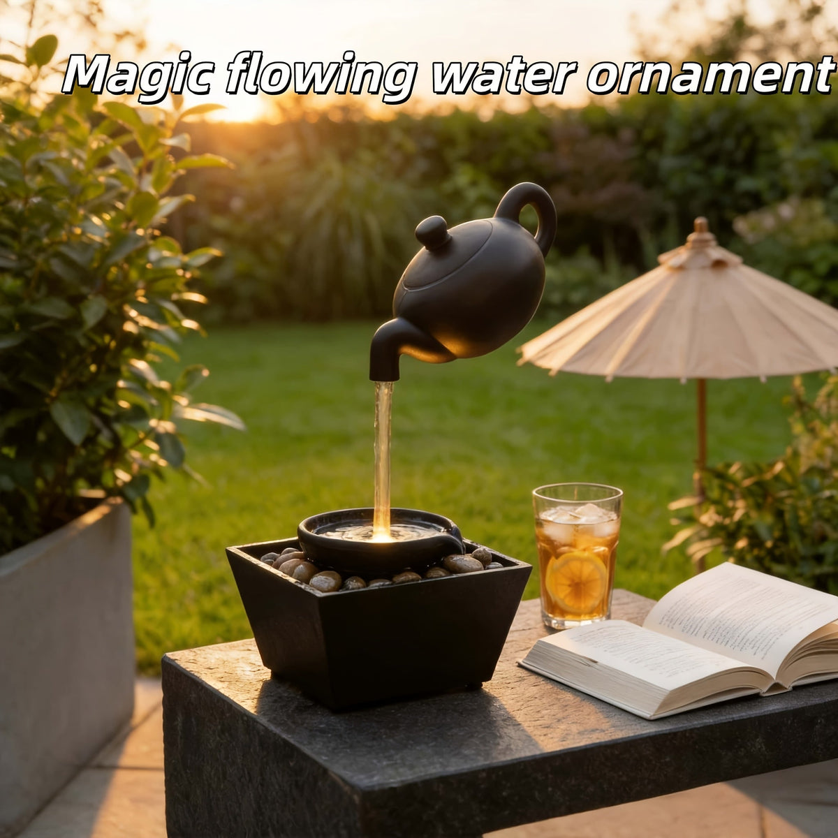 Garden Fountain Ornament – Floating Teapot Water Flow Sculpture, Zen Courtyard Decor for Yard, Patio & Home, Unique Housewarm