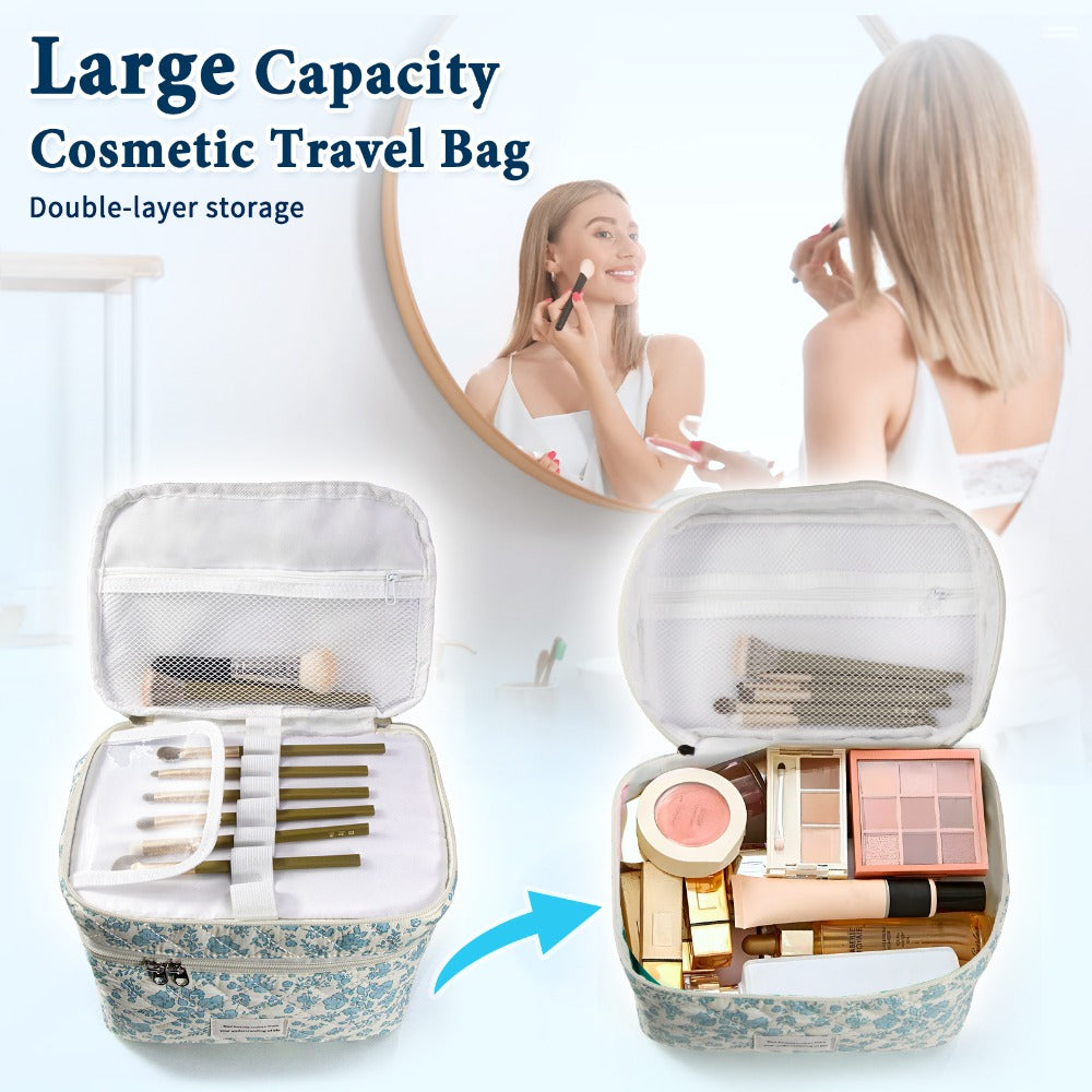 Quilted Floral Makeup Bag Set 3PCS Large Capacity Dual Layer Cotton Cosmetic Bags Coquette Aesthetic Travel Toiletry Organize