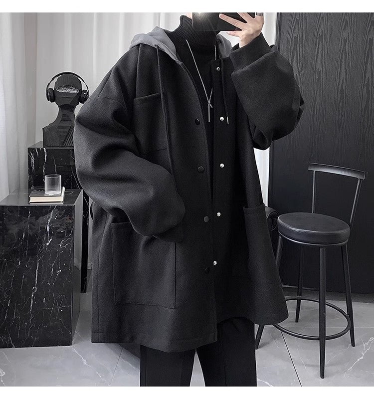 Quilted Hooded Jacket Mens Mid-Length Wool Coat