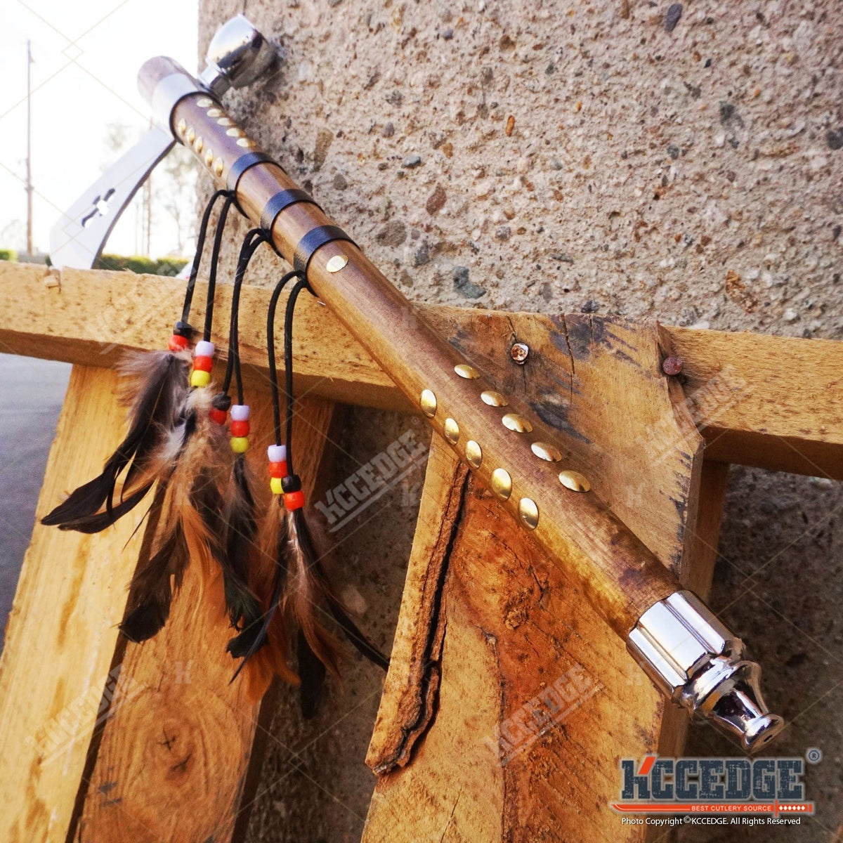 Native American Tomahawk Hatchet Replica 19in, Decorative Peace Pipe Axe with Wooden Handle, Feather & Brass Accents — image 