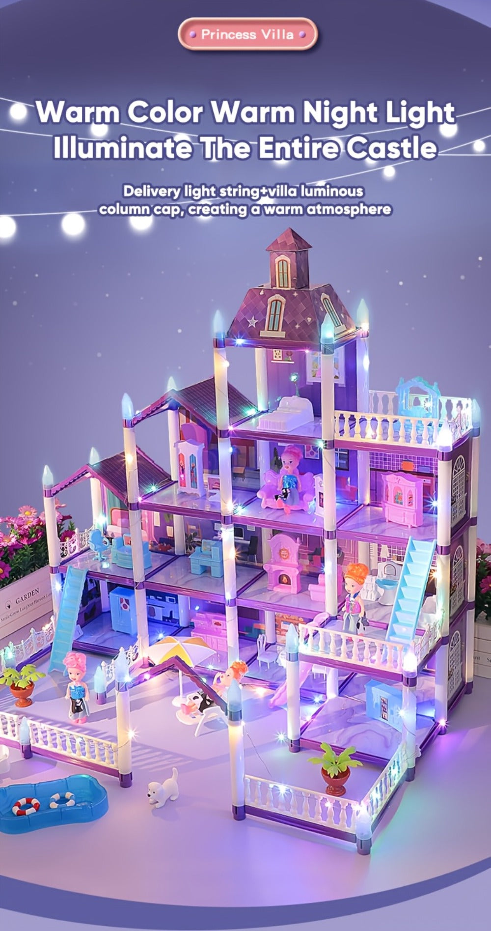 LED Dollhouse Playset for Girls, Purple Multi-Room Playhouse with Doll Figures, Puppies, Furniture & LED Lighting — image 23