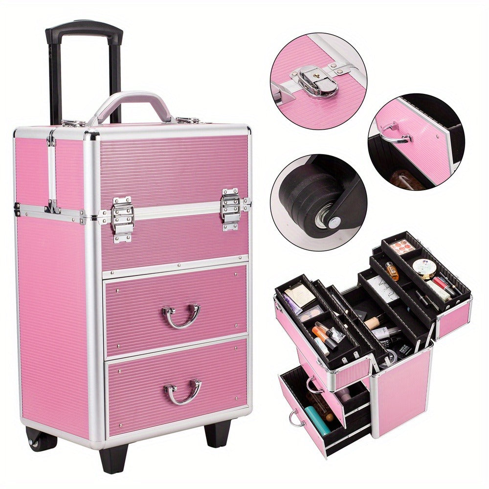 Pink Four-Tier Rolling Makeup Train Case with Fold-Out Top Trays, Two Drawers and Telescoping Handle — image 4