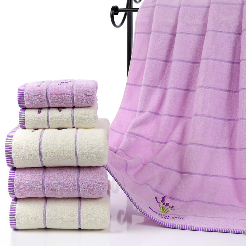Lavender Embroidered Striped Bath Towel - Soft & Absorbent