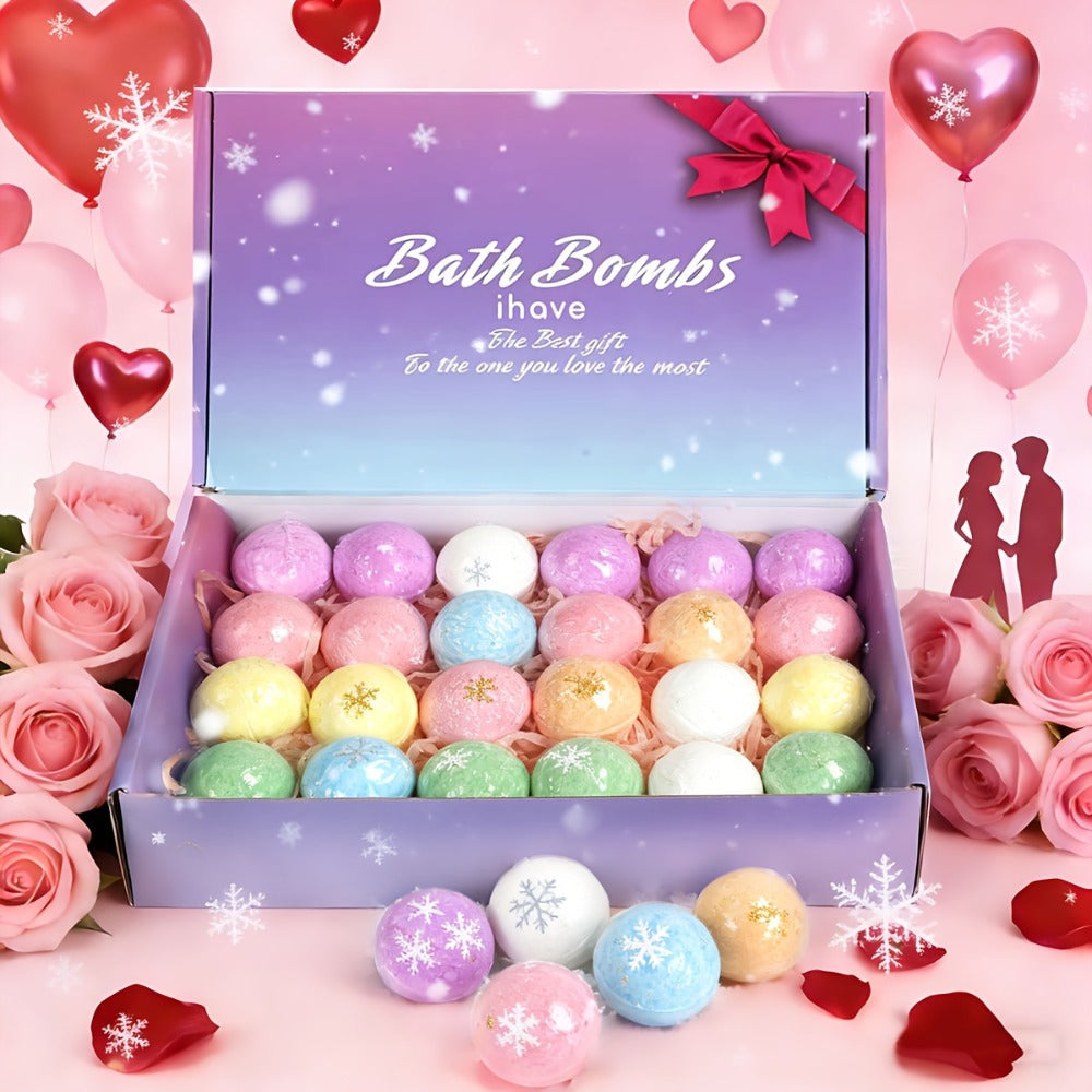 Bath Bombs, 24-Piece Assorted Color Gift Box with Eight Labeled Fragrances and Round Mini Fizzers — image 1